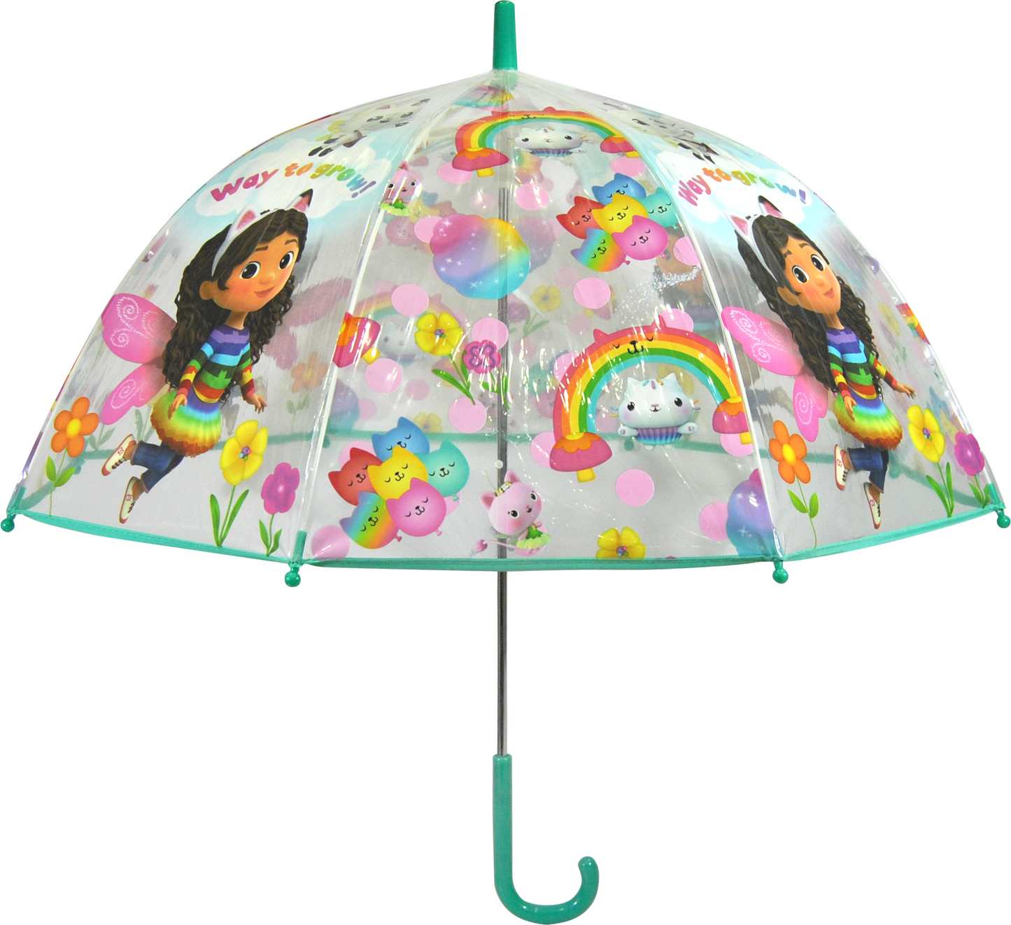 Gabbys Dollhouse paraply som er er 72 cmi diameter.
Transperent klokkeformet design som beskytter barnet bedre for regn og vind, samtidig med at man orintere sig. Let at åbne for børn.
Perfekt til ren regnfuld dag.
