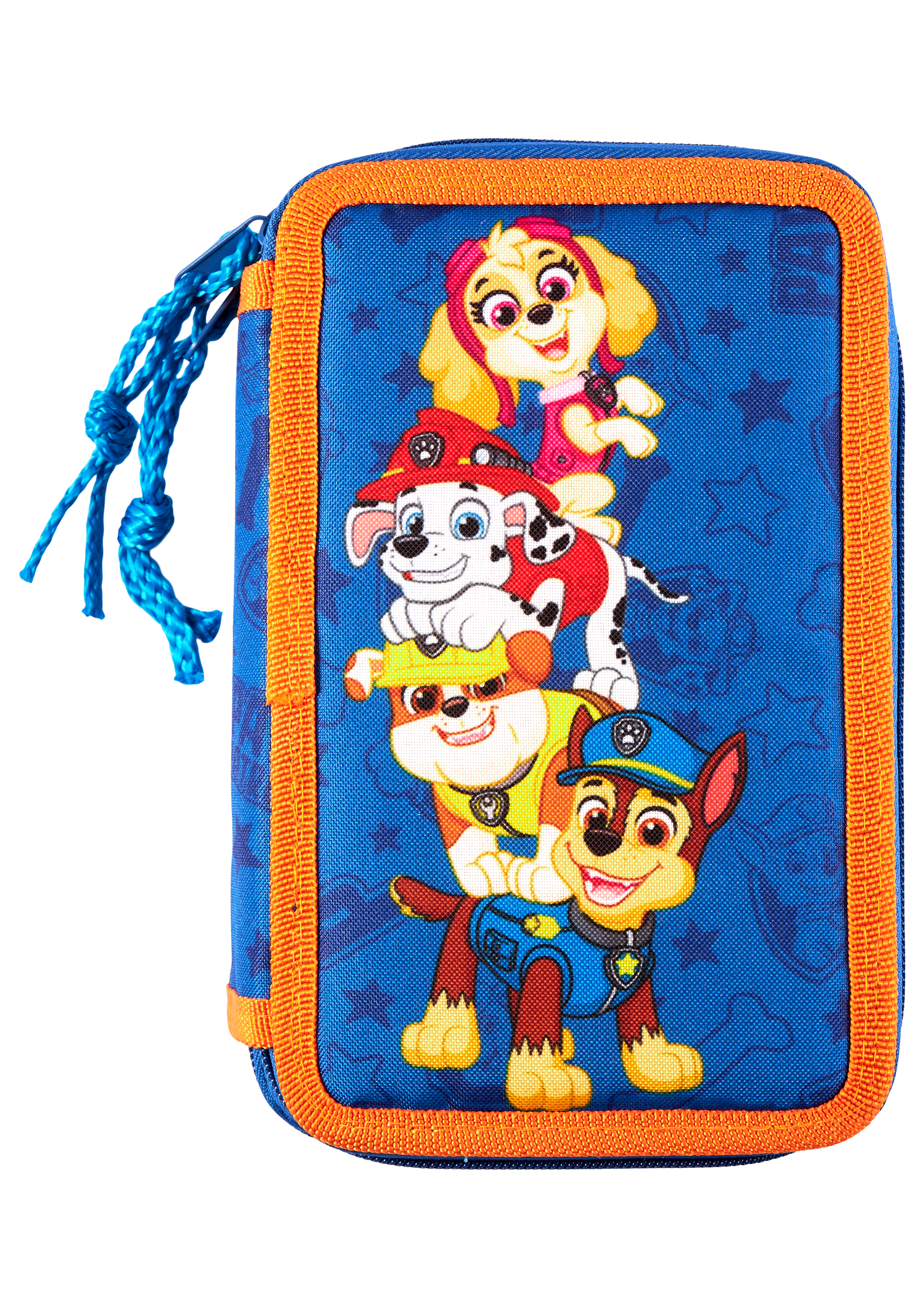 Paw Patrol penalhus fyldt med 16 trekantede farveblyanter, en linial, to blyanter, blyantspidser, en lille praktisk notesbog og stort stort viskelæder.