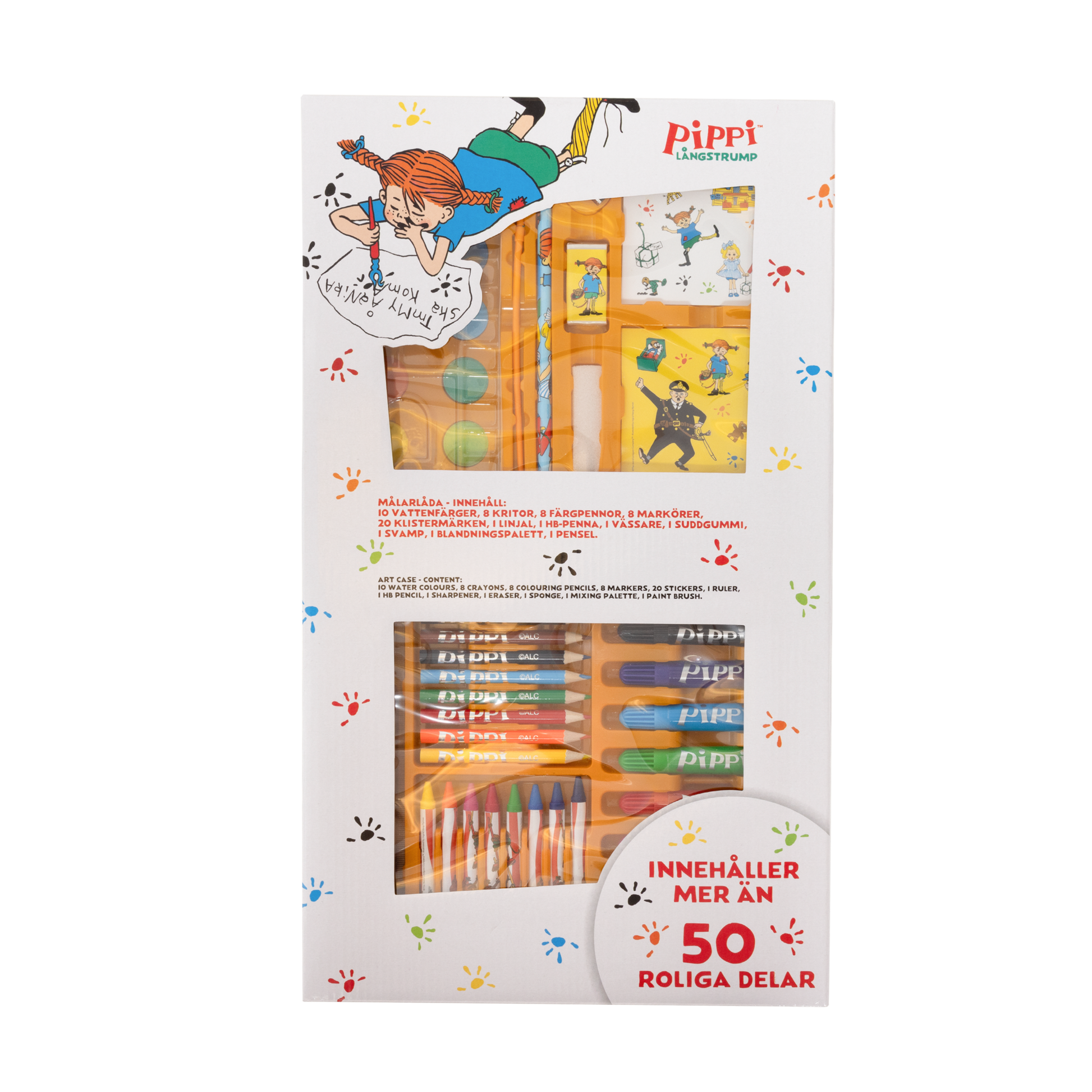En perfekt malerkuffert i ægte Pippi -stil! I denne æske får du både 10 vandfarver, 8 farvekridt, 8 tusser, 2 klistermærker, blyant, lineal, blyantspidser, viskelæder, svamp, palet og en pensel. Hele sættet er pakket i en praktisk taske med håndtag, som er let at have med overalt. Perfekt til den lille kunstner, som bliver inspireret på sin vej!