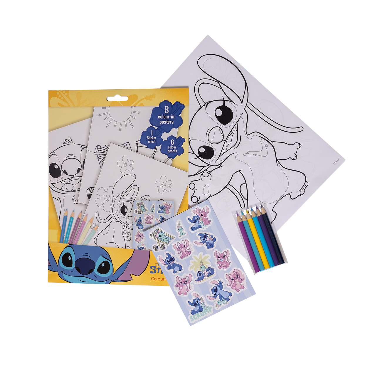 STITCH, Coloring set w/6 col. pencils, stickers