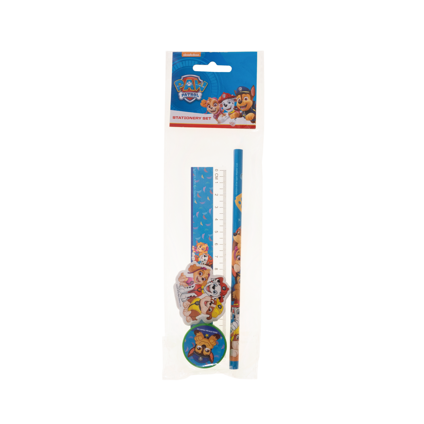 Paw Patrol Paper set med 1 oslipad penna, 1 pennvässare, 1 suddgummi och 1 linjal