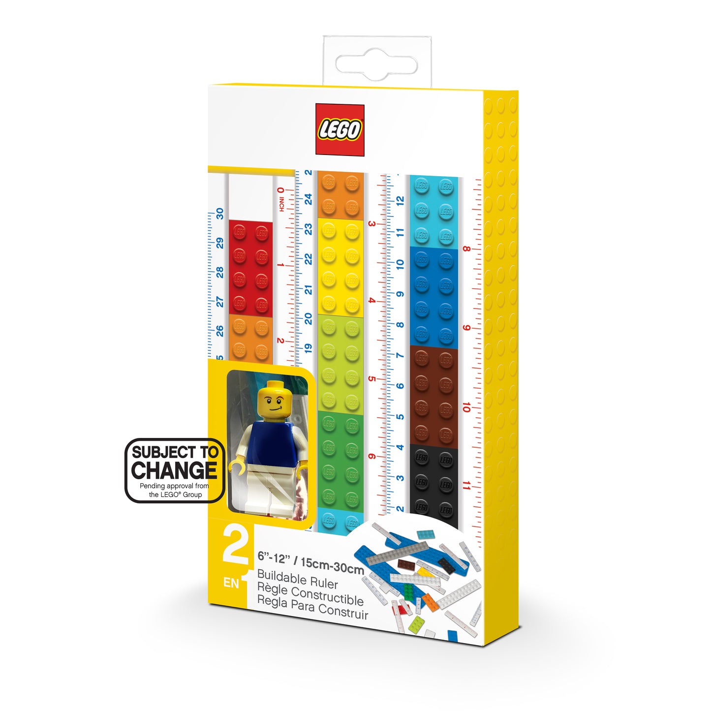 LEGO byggset med linjal, 28 olika saker i setet.