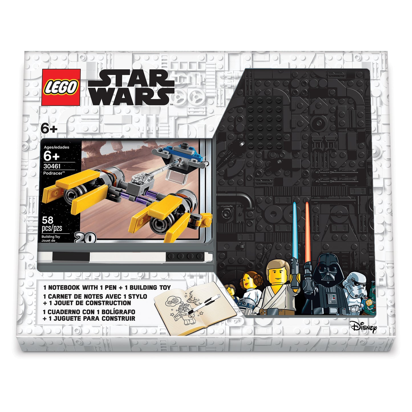LEGO Star Wars notesbog med 4X4 sort klods, 1 pen og mini LEGOsæt Pod Racer