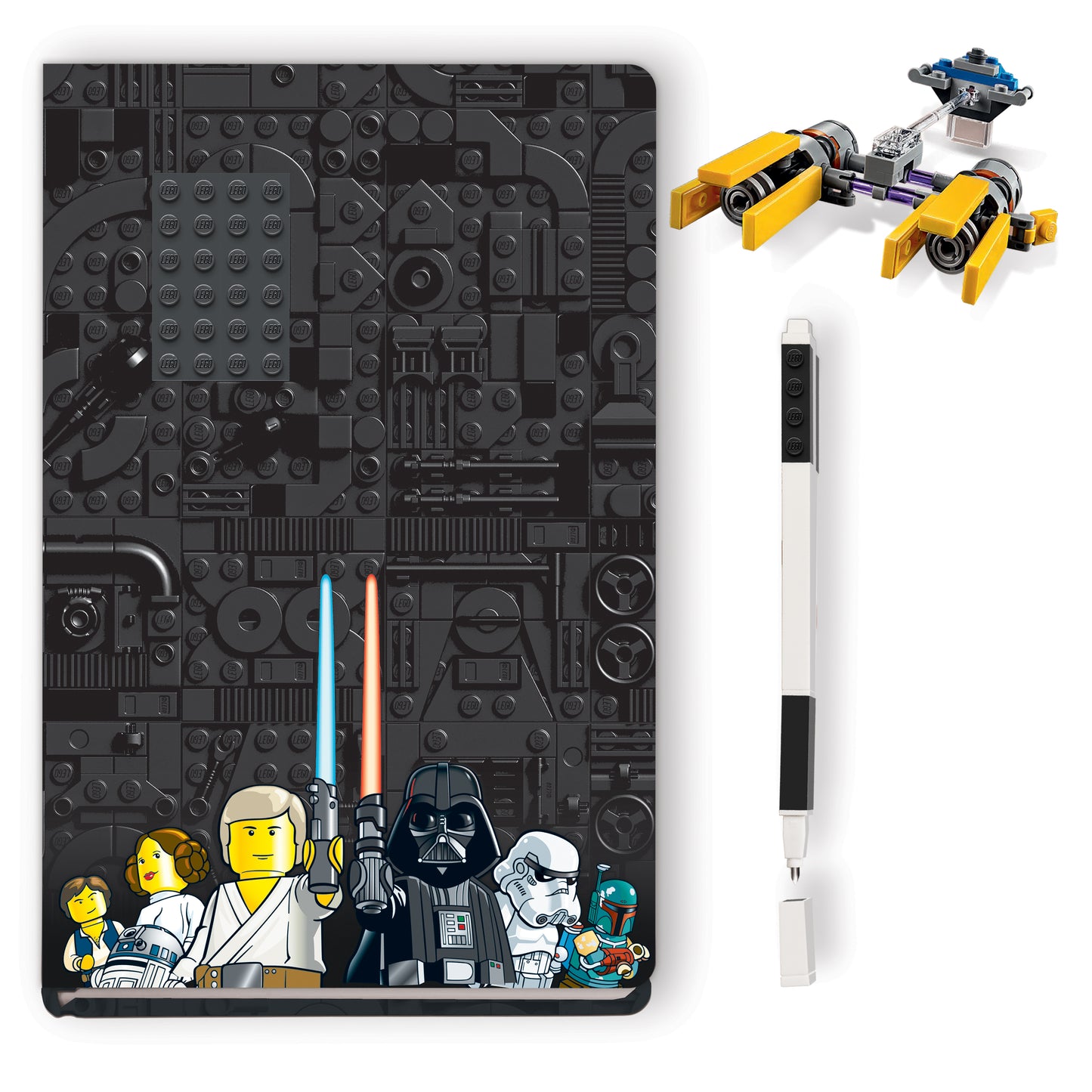 LEGO Star Wars notesbog med 4X4 sort klods, 1 pen og mini LEGOsæt Pod Racer