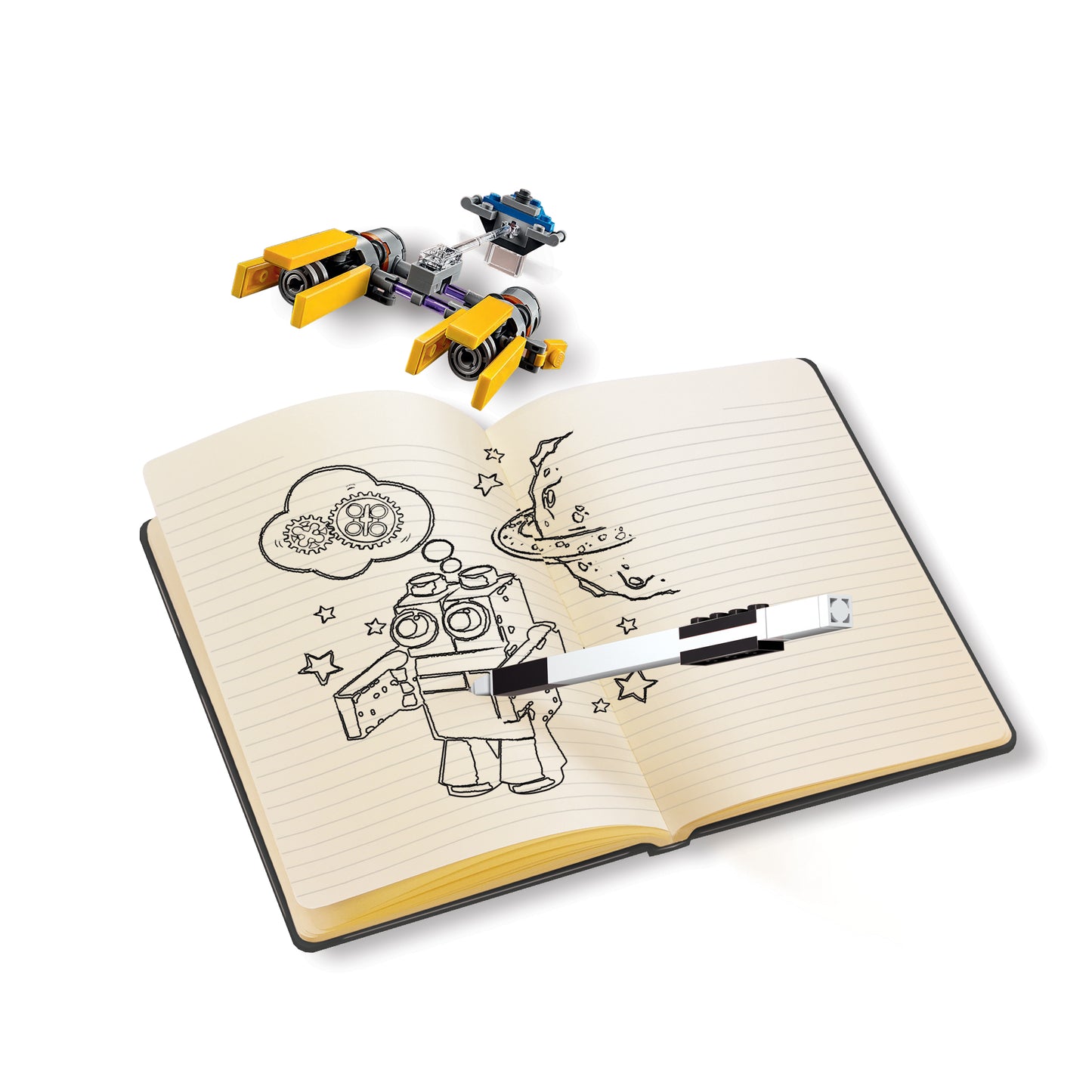 LEGO Star Wars notesbog med 4X4 sort klods, 1 pen og mini LEGOsæt Pod Racer