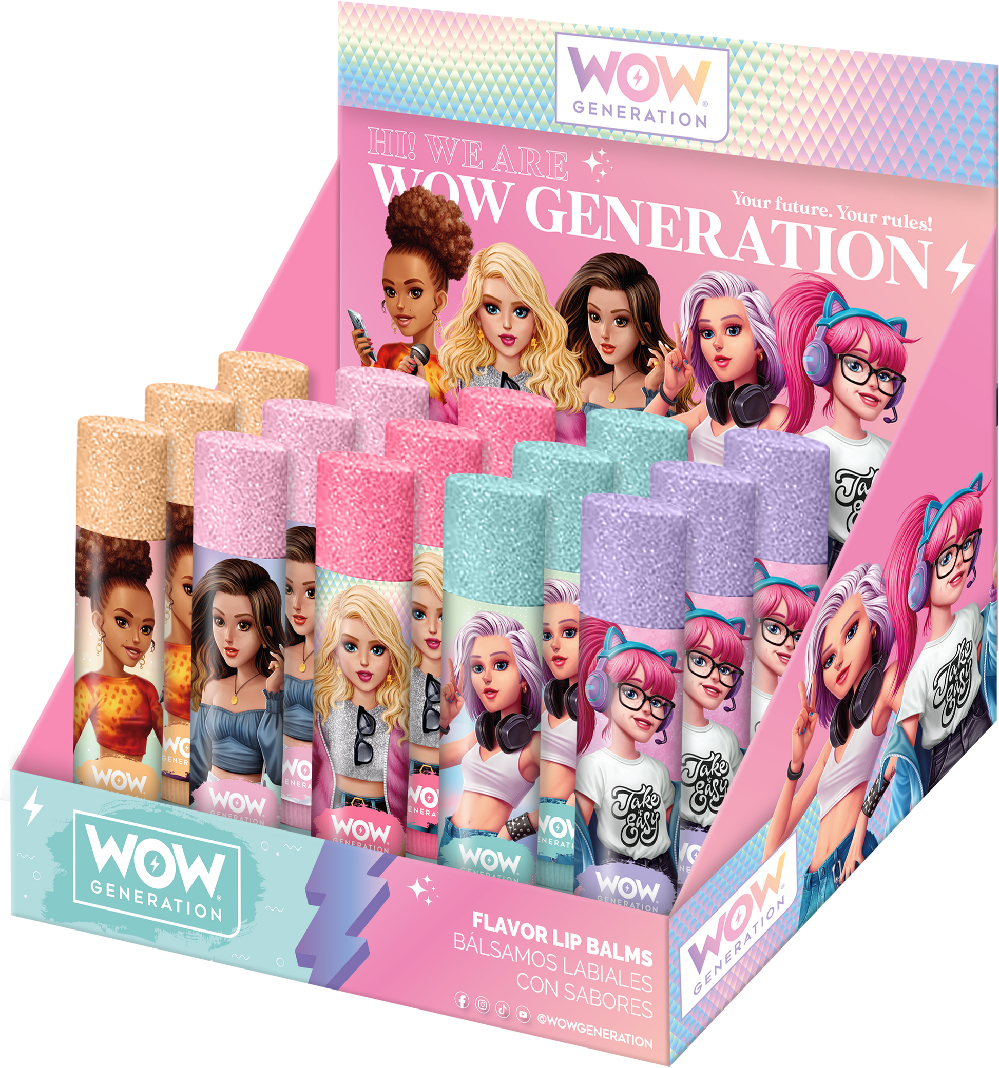 Læbepomader med smag og GLITTER for at være en rigtig WOW Generation pige. De er det perfekte touch til at gå udsom en rigtig WOW-pige i alle detaljer. Denne læbestift bliver dit barns favorit takket være dens lyse farver og smag. Der er 5 forskellige smagsvarianter, der svarer til deres respektive farve: jordbær, ananas, appelsin, tyggegummi og blåbær. Pas på din datters læber, så hun føler sig som en total WOW-pige.