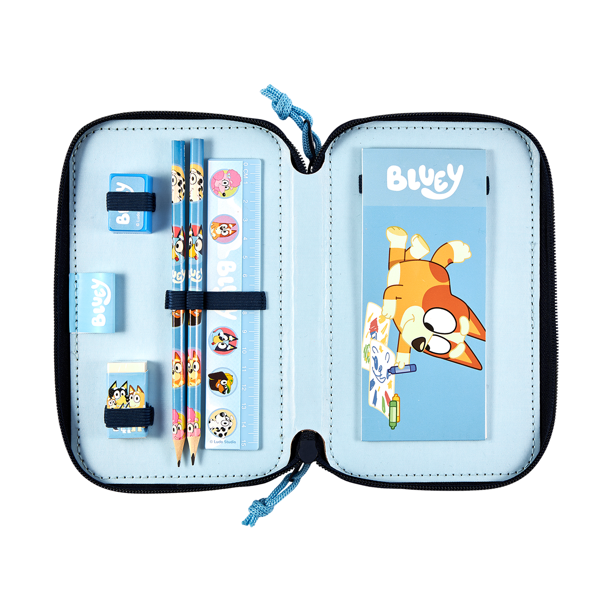 Bluey Dobbeltdækker penalhus med 2 lynlåse med indhold