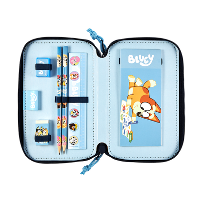 Bluey Dobbeltdækker penalhus med 2 lynlåse med indhold