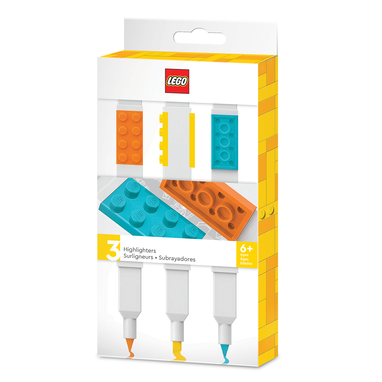 LEGO highlighters, 3 stk. orange, gul og tyrkis i box