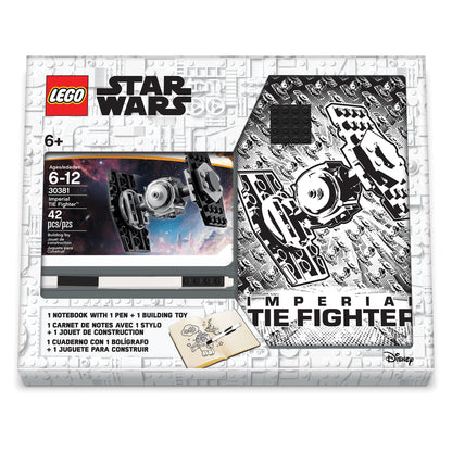 LEGO Star Wars notebook with 4X4 black brick, 1 pen and mini LEGO set Tie Fighter.